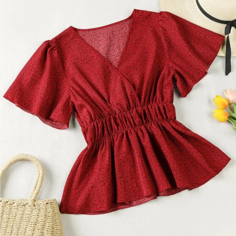 Ruffle Hem Peplum Blouse in Red